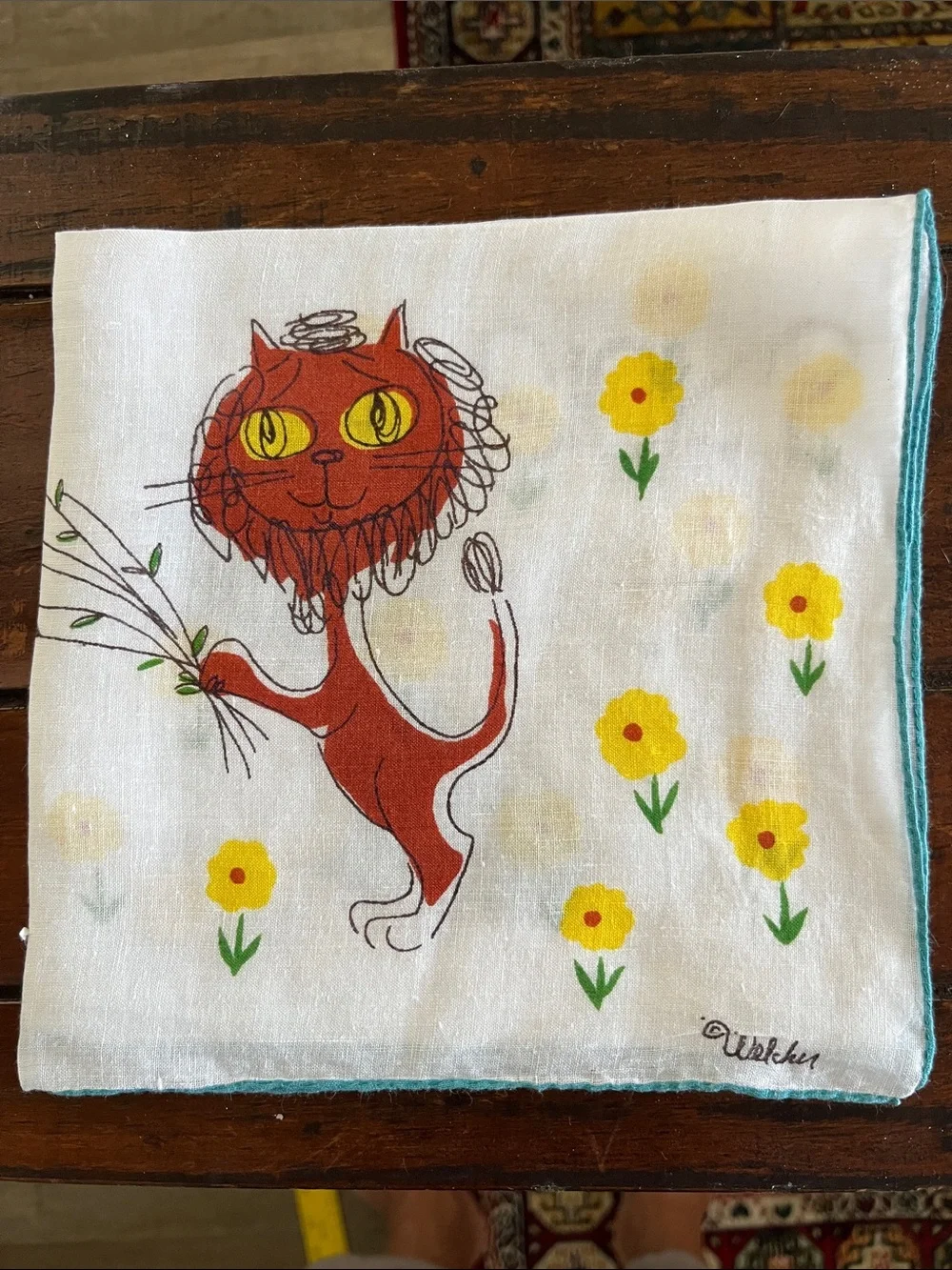 RARE Vintage Get Well Quick! Printed Handkerchief with Colorful Cats by Welcher